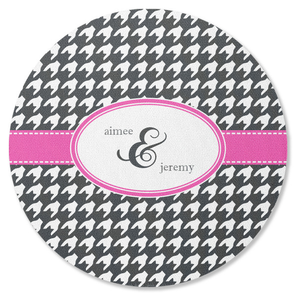 Custom Houndstooth w/Pink Accent Round Rubber Backed Coaster (Personalized)
