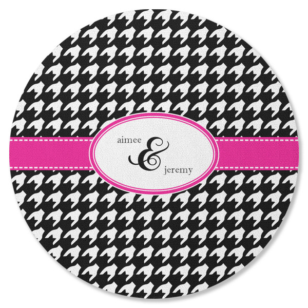 Custom Houndstooth w/Pink Accent Round Rubber Backed Coaster (Personalized)