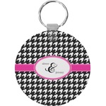Houndstooth w/Pink Accent Round Plastic Keychain (Personalized)