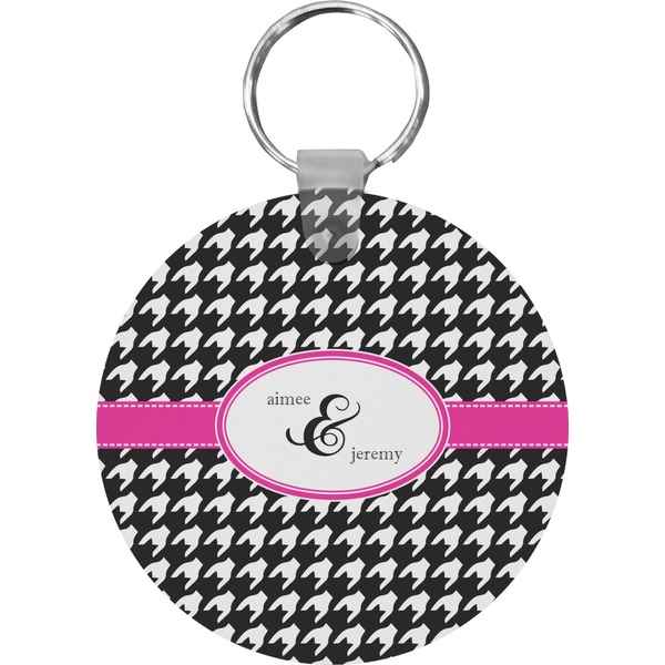 Custom Houndstooth w/Pink Accent Round Plastic Keychain (Personalized)