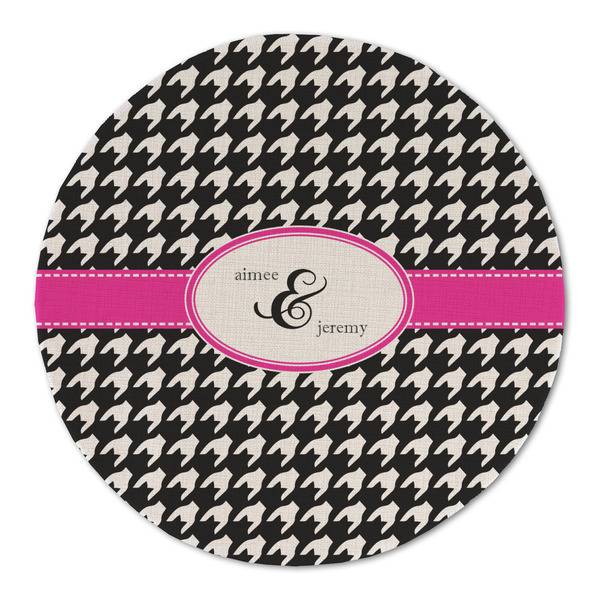 Houndstooth w/Pink Accent Round Linen Placemats - FRONT (Double Sided)