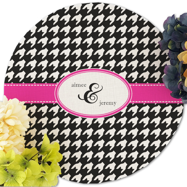 Houndstooth w/Pink Accent Round Linen Placemats - Front (w flowers)