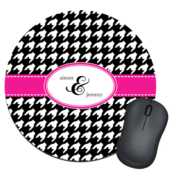 Custom Houndstooth w/Pink Accent Round Mouse Pad (Personalized)