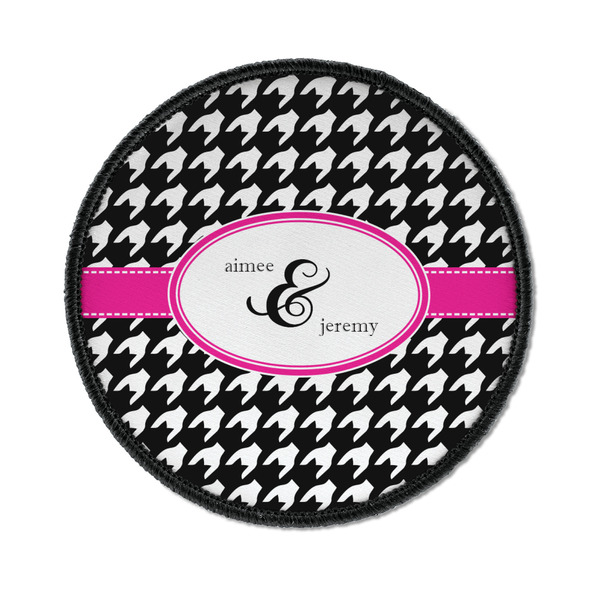 Custom Houndstooth w/Pink Accent Iron On Round Patch w/ Couple's Names