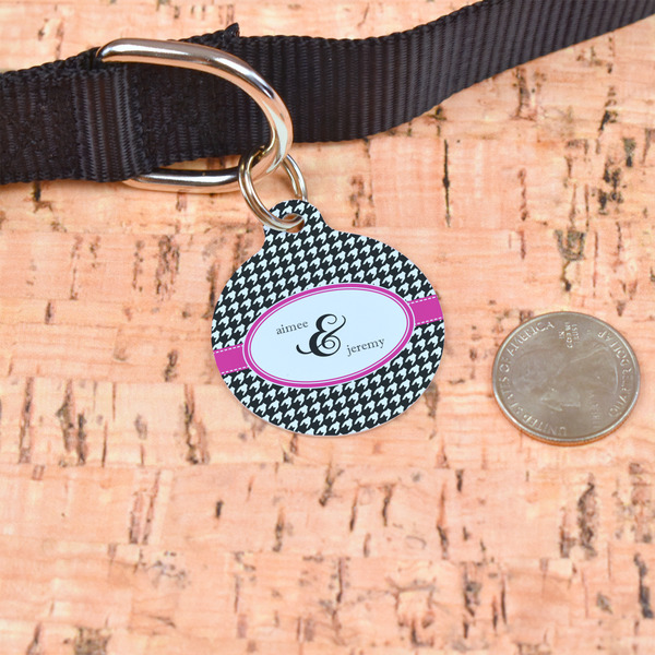 Houndstooth w/Pink Accent Round Pet ID Tag - Large - In Context