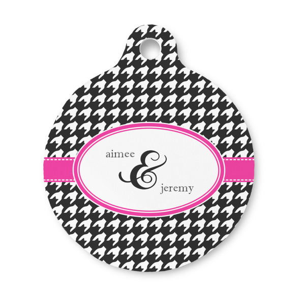 Custom Houndstooth w/Pink Accent Round Pet ID Tag - Small (Personalized)