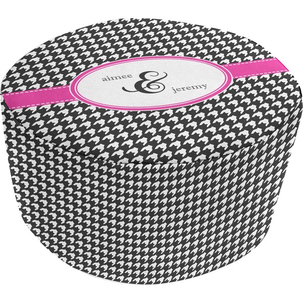 Custom Houndstooth w/Pink Accent Round Pouf Ottoman (Personalized)