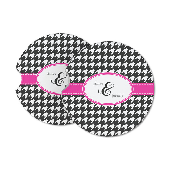 Custom Houndstooth w/Pink Accent Sandstone Car Coasters - Set of 2 (Personalized)