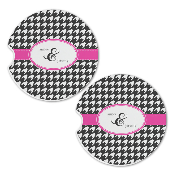 Houndstooth w/Pink Accent Sandstone Car Coasters - Set of 2