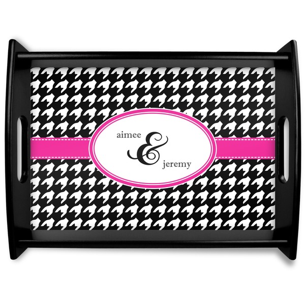 Custom Houndstooth w/Pink Accent Black Wooden Tray - Large (Personalized)