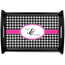Houndstooth w/Pink Accent Black Wooden Tray - Small (Personalized)