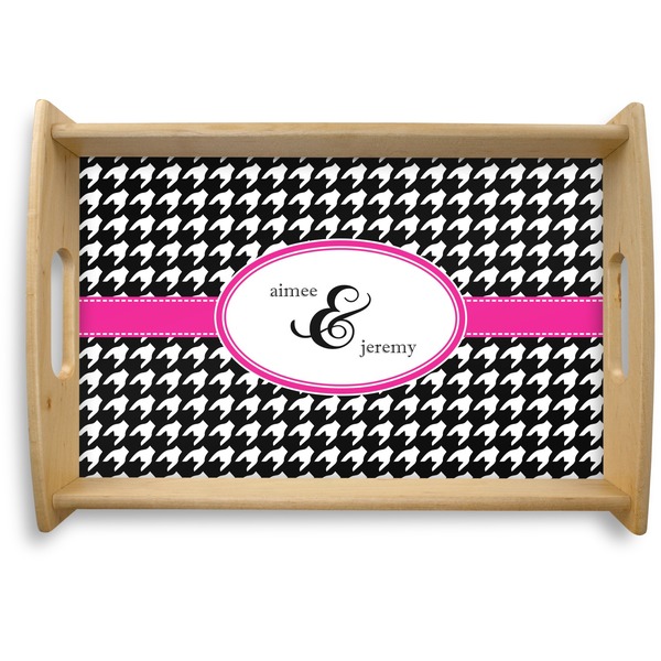 Custom Houndstooth w/Pink Accent Natural Wooden Tray - Small (Personalized)