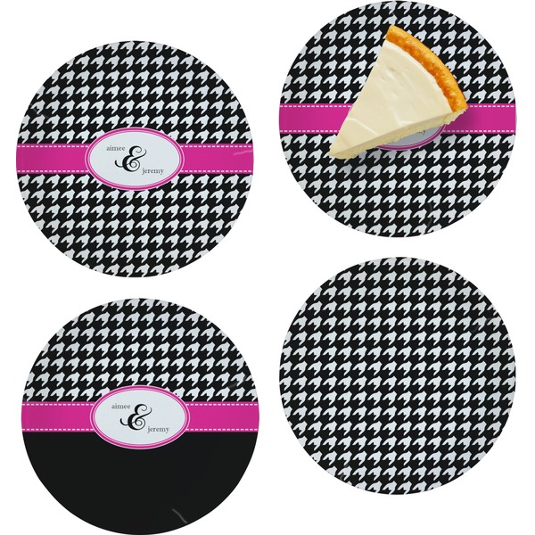 Custom Houndstooth w/Pink Accent Set of 4 Glass Appetizer / Dessert Plate 8" (Personalized)