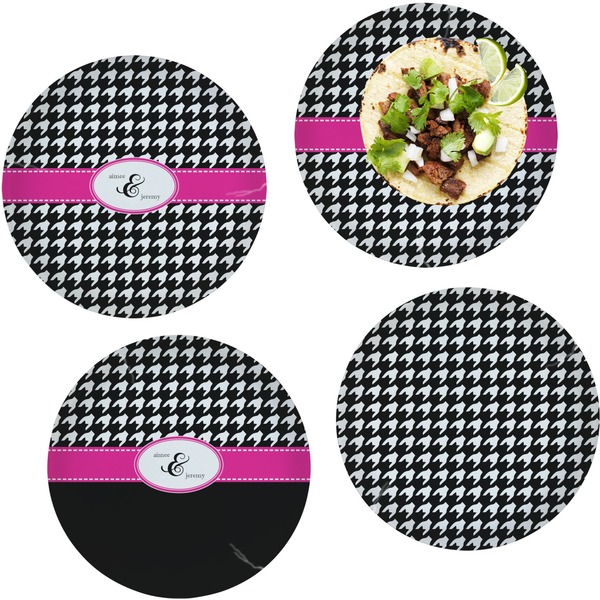 Custom Houndstooth w/Pink Accent Set of 4 Glass Lunch / Dinner Plate 10" (Personalized)