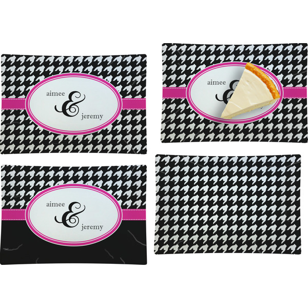 Custom Houndstooth w/Pink Accent Set of 4 Glass Rectangular Appetizer / Dessert Plate (Personalized)