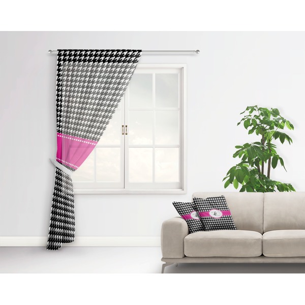 Houndstooth w/Pink Accent Sheer Curtain With Window and Rod - in Room Matching Pillow