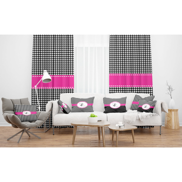 Houndstooth w/Pink Accent Sheer and Custom Curtains in Room with Matching Pillows