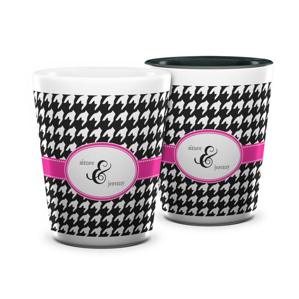 Custom Houndstooth w/Pink Accent Ceramic Shot Glass - 1.5 oz (Personalized)