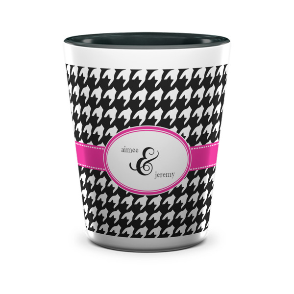 Custom Houndstooth w/Pink Accent Ceramic Shot Glass - 1.5 oz - Two Tone - Set of 4 (Personalized)