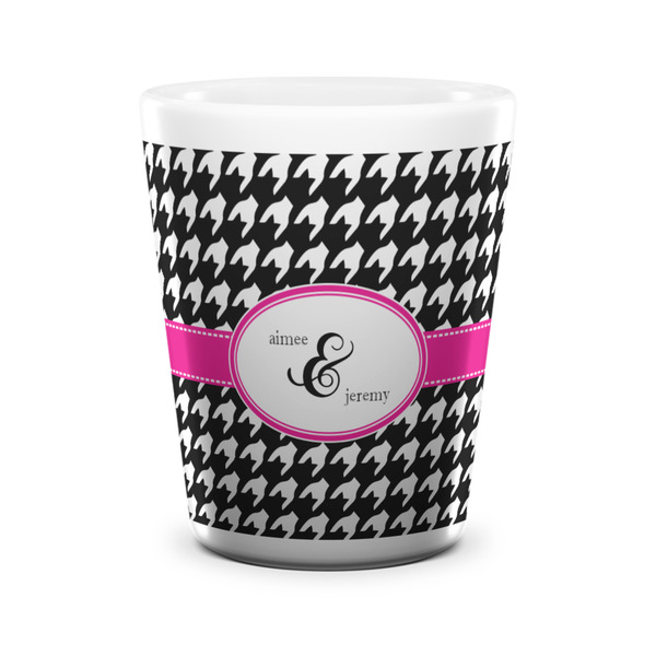 Custom Houndstooth w/Pink Accent Ceramic Shot Glass - 1.5 oz - White - Set of 4 (Personalized)