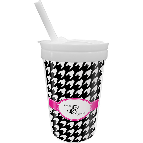 Custom Houndstooth w/Pink Accent Sippy Cup with Straw (Personalized)