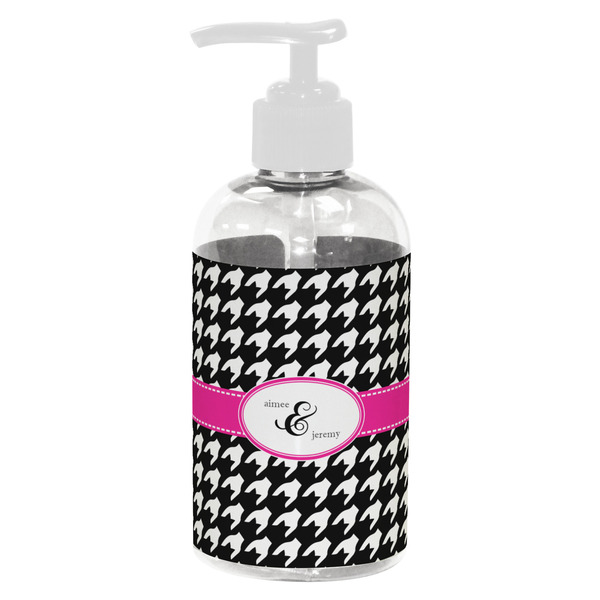 Custom Houndstooth w/Pink Accent Plastic Soap / Lotion Dispenser (8 oz - Small - White) (Personalized)