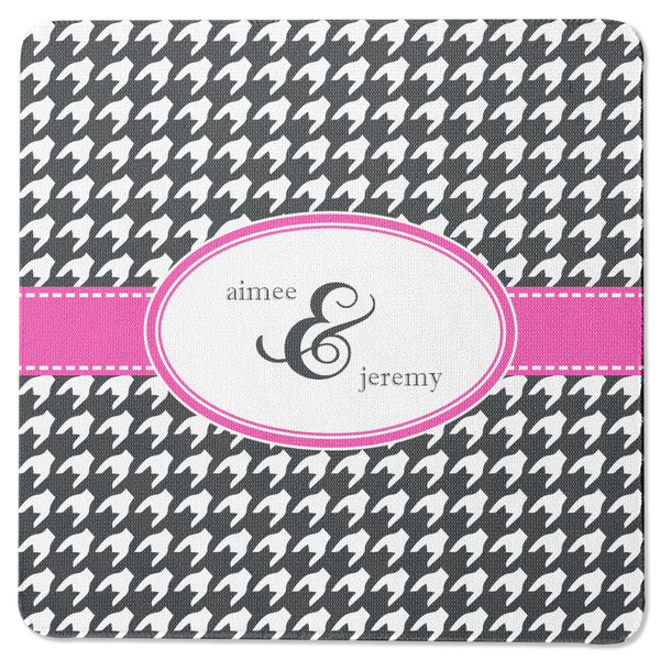 Custom Houndstooth w/Pink Accent Square Rubber Backed Coaster (Personalized)