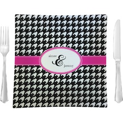 Houndstooth w/Pink Accent Glass Square Lunch / Dinner Plate 9.5" (Personalized)