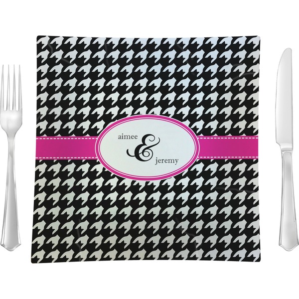 Custom Houndstooth w/Pink Accent 9.5" Glass Square Lunch / Dinner Plate- Single or Set of 4 (Personalized)