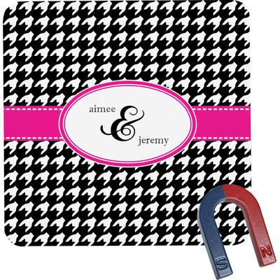 Houndstooth w/Pink Accent Square Fridge Magnet (Personalized)
