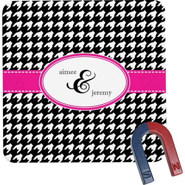 Custom Houndstooth w/Pink Accent Square Fridge Magnet (Personalized)