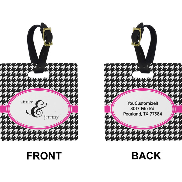 Houndstooth w/Pink Accent Square Luggage Tag (Front + Back)
