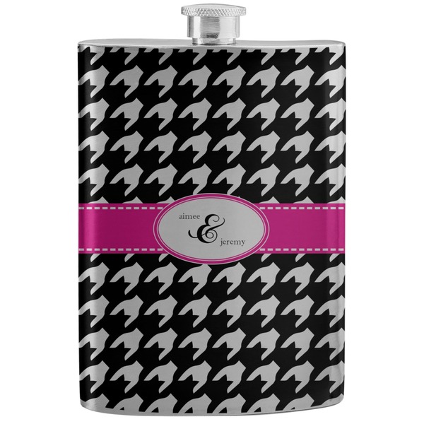 Custom Houndstooth w/Pink Accent Stainless Steel Flask (Personalized)