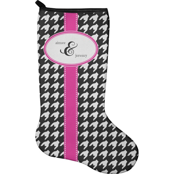 Custom Houndstooth w/Pink Accent Holiday Stocking - Neoprene (Personalized)