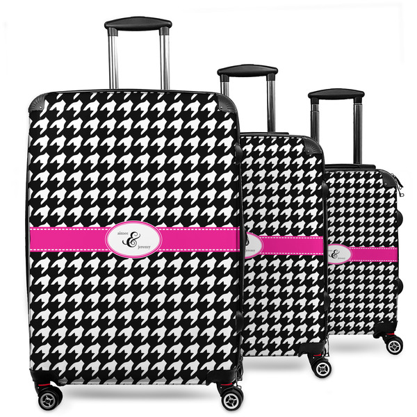 Custom Houndstooth w/Pink Accent 3 Piece Luggage Set - 20" Carry On, 24" Medium Checked, 28" Large Checked (Personalized)