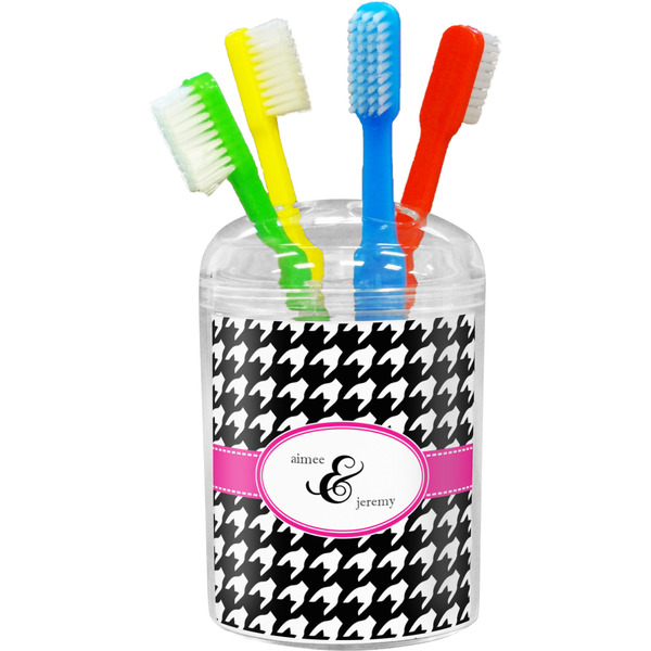Custom Houndstooth w/Pink Accent Toothbrush Holder (Personalized)