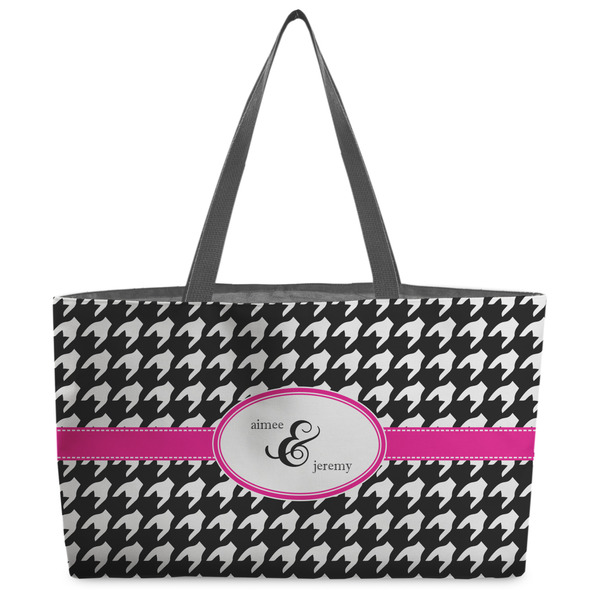 Custom Houndstooth w/Pink Accent Beach Totes Bag - w/ Black Handles (Personalized)
