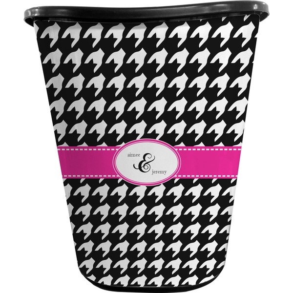 Custom Houndstooth w/Pink Accent Waste Basket - Double Sided (Black) (Personalized)