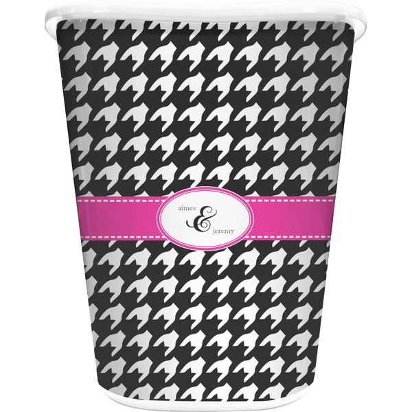 Custom Houndstooth w/Pink Accent Waste Basket - Single Sided (White) (Personalized)