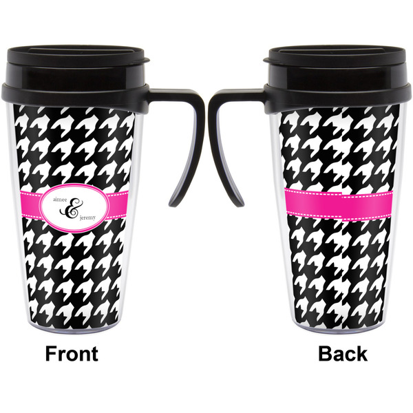 Houndstooth w/Pink Accent Travel Mug with Black Handle - Approval