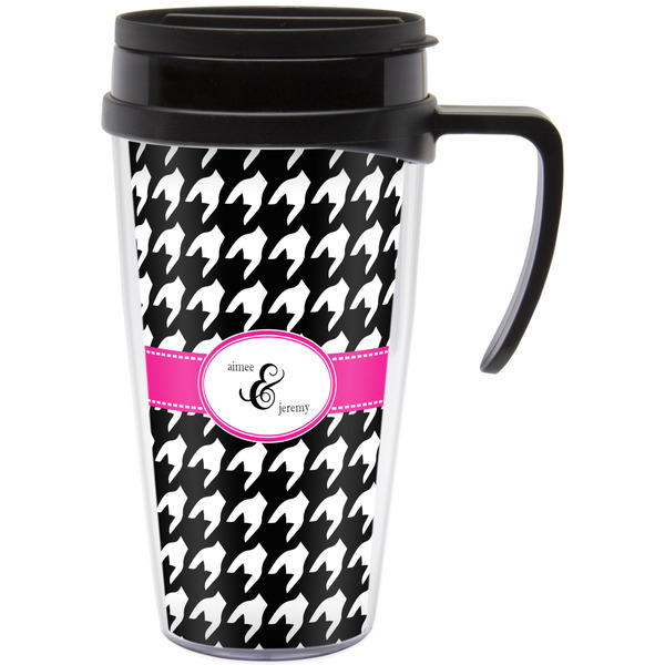 Custom Houndstooth w/Pink Accent Acrylic Travel Mug with Handle (Personalized)