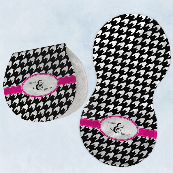 Custom Houndstooth w/Pink Accent Burp Pads - Velour - Set of 2 w/ Couple's Names