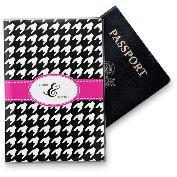 Custom Houndstooth w/Pink Accent Vinyl Passport Holder (Personalized)