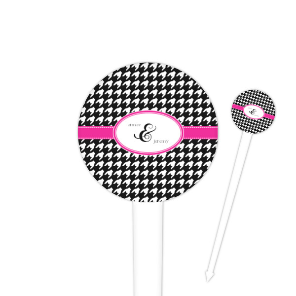 Custom Houndstooth w/Pink Accent 4" Round Plastic Food Picks - White - Single Sided (Personalized)