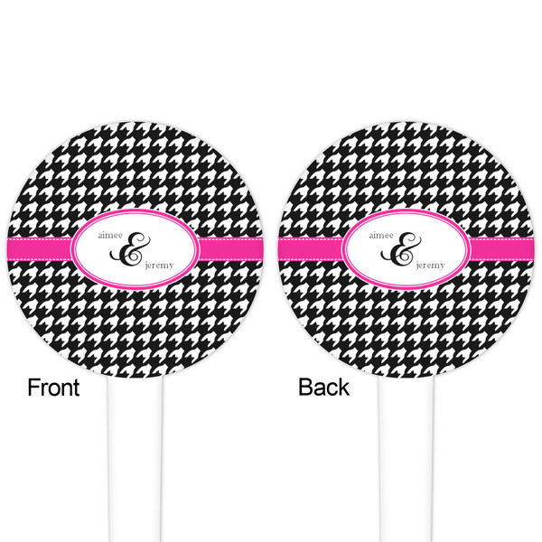Houndstooth w/Pink Accent White Plastic 4" Food Pick - Round - Double Sided - Front & Back