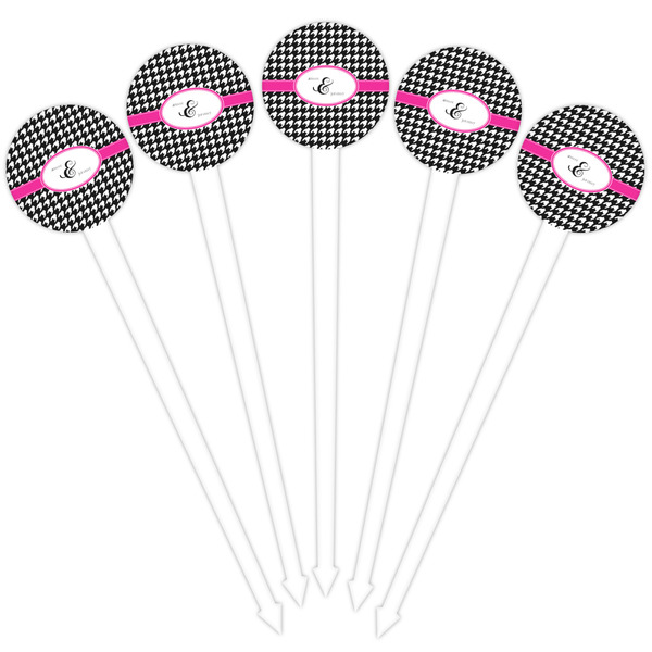 Houndstooth w/Pink Accent White Plastic 4" Food Pick - Round - Fan View