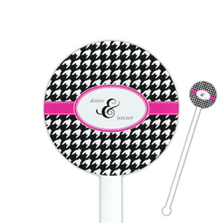 Houndstooth w/Pink Accent 5.5" Round Plastic Stir Sticks - White - Single Sided (Personalized)