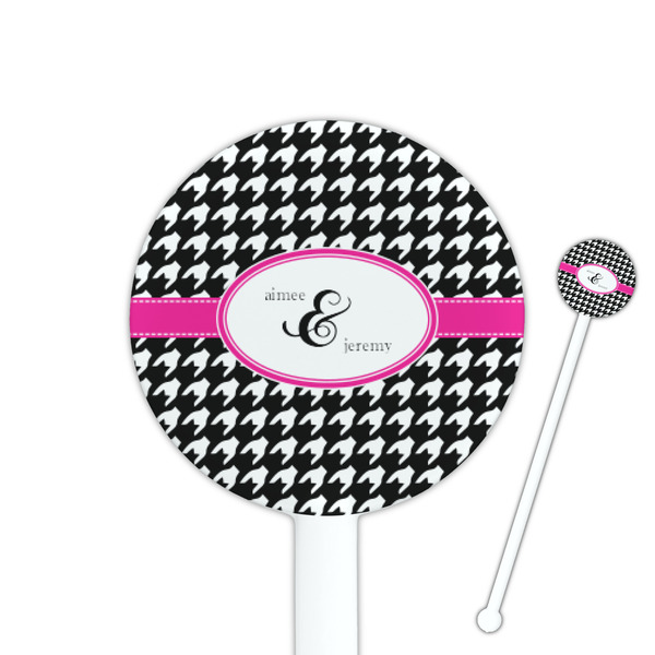 Custom Houndstooth w/Pink Accent 5.5" Round Plastic Stir Sticks - White - Single Sided (Personalized)