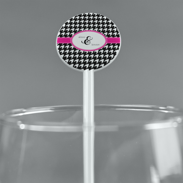 Houndstooth w/Pink Accent White Plastic 5.5" Stir Stick - Round - Main