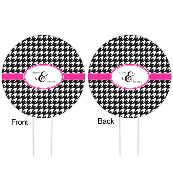 Houndstooth w/Pink Accent White Plastic 6" Food Pick - Round - Double Sided - Front & Back